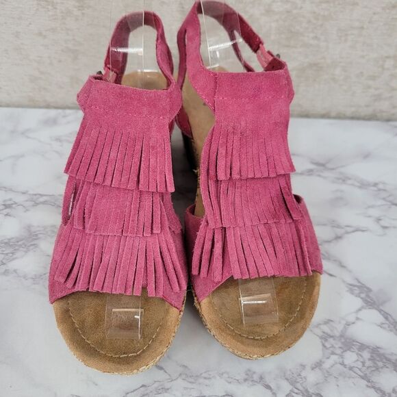 Minnetonka Pink Suede Fringe Platform Wedge Sandals Women's Size 9 - Picture 3 of 14